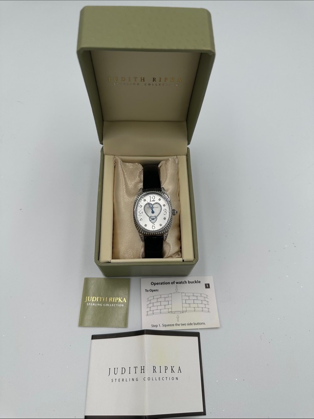 New Judith Ripka 925 Sterling Silver Leather Diamond Heart Women’s Watch W/Box